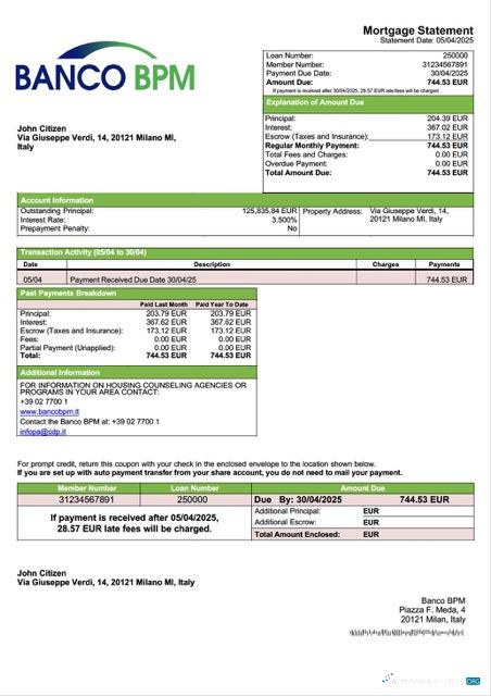 Download Italy Banco BPM mortgage statement Word and PDF template Photoshop template